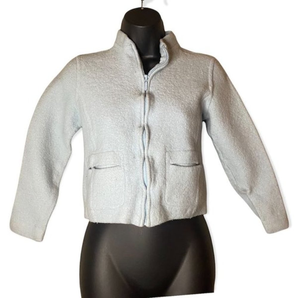 Petite Sophisticate Baby Blue Crop Zipper Long Sleeve Jacket